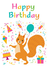 Cute cartoon happy birthday party squirrel postcard,banner,for stickers,posters, prints and banners,vector illustration.