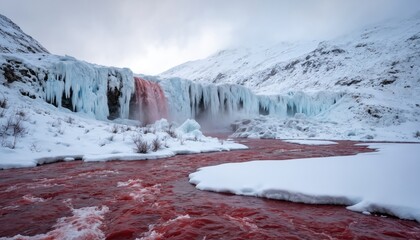 Snow-covered mountain with large red waterfall cascading down rocky face. Waterfall ringed with ice, surrounded by snow. Stunning red water color, grandeur of mountain landscape.
