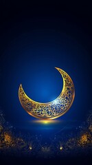 A blue background with a yellow crescent moon. The moon is lit up by the sun. The image has a peaceful and serene mood. Religion Islam. Muslim, Ramadan Mubarak, Eid al Adha, Eid al Fitr. Muslim postca