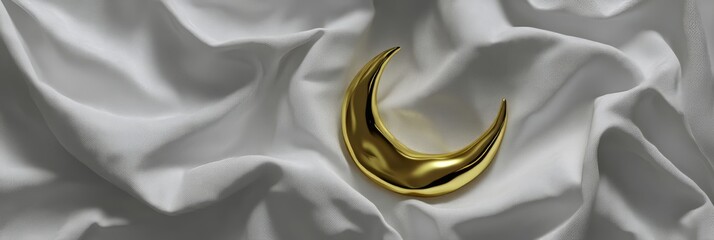 A gold and white crescent moon with a lot of glitter on it. The moon is surrounded by a lot of stars. Religion Islam. Muslim, Ramadan Mubarak, Eid al Adha, Eid al Fitr. Muslim postcard.