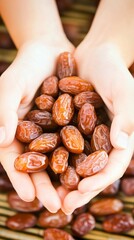 A hand is holding a bunch of dried fruit. The fruit is in the shape of a star. Religion Islam. Muslim, Ramadan Mubarak, Eid al Adha, Eid al Fitr. Muslim postcard.