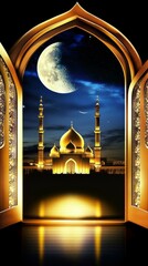 A window with a large moon shining brightly in the sky. The moon is positioned above a building, which is located in the background. The scene is peaceful and serene. Religion Islam. Muslim, Ramadan M