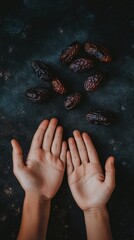 A hand is holding a bunch of dried fruit. The fruit is in the shape of a star. Religion Islam. Muslim, Ramadan Mubarak, Eid al Adha, Eid al Fitr. Muslim postcard.