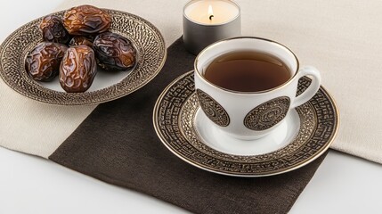 A plate of dried fruit and a cup of tea are on a blanket. The blanket is covered in a checkered pattern. Religion Islam. Muslim, Ramadan Mubarak, Eid al Adha, Eid al Fitr. Muslim postcard.