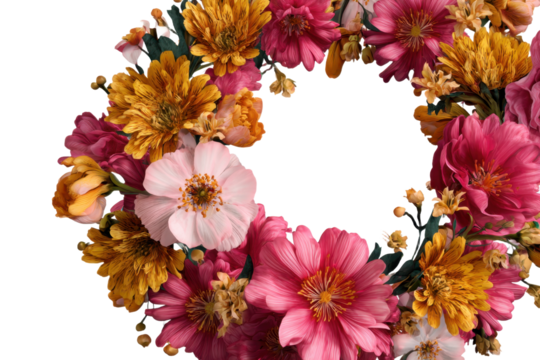 Round frame made of flowers on white background