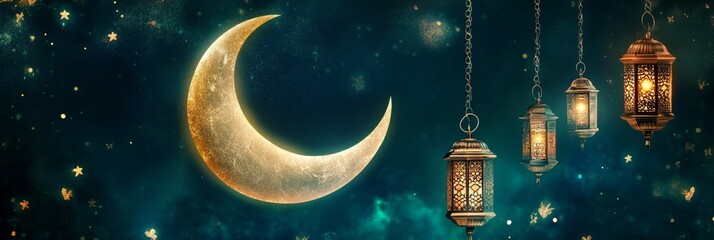 A beautiful night sky with a glowing crescent moon in the center and many lit up lanterns surrounding it. The lanterns are of various sizes and shapes, creating a warm and inviting atmosphere