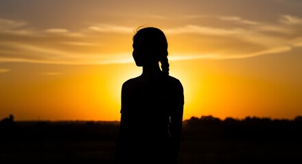 Fototapeta premium Silhouette of a girl with a braid against a vibrant sunset with clouds and a dark land below her