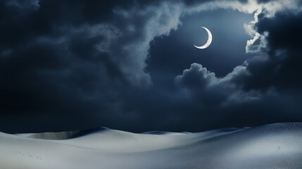 The sky is dark and cloudy, with a crescent moon shining brightly in the middle. The clouds cover the entire sky, creating a moody and mysterious atmosphere. Islamic background, Muslim postcard.