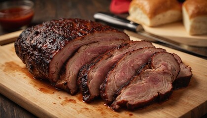 Sliced cooked pork roast on wooden cutting board. Central focus of composition. Gray countertop with bowl containing additional meal ingredients in background. Savory culinary scene.