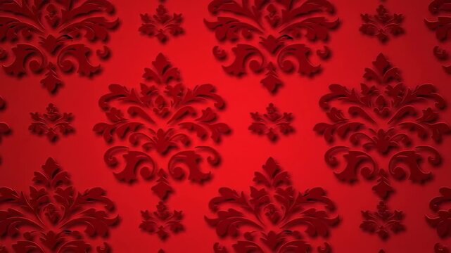 Elegant Red Damask Pattern Background with Subtle Shadowing for a Luxurious Video Backdrop