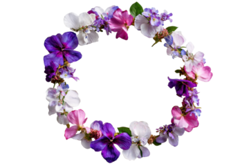 Round frame made of flowers on white background