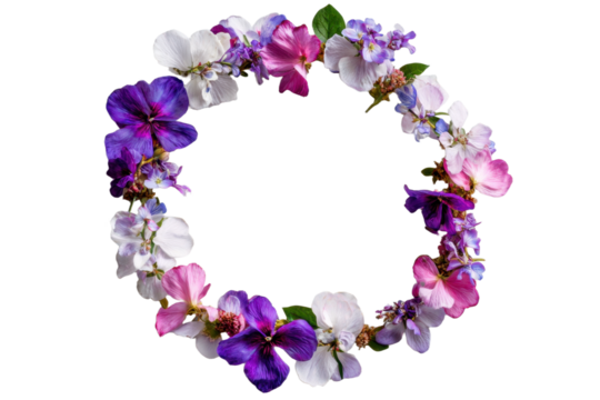 Round frame made of flowers on white background