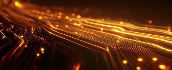 The glowing circuit lines flowing in an abstract digital landscape.