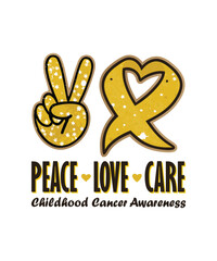 Childhood Cancer Awareness T-Shirt design, with a powerful Text message, Peace, Love, and Care, Yellow Ribbon Heart theme.
