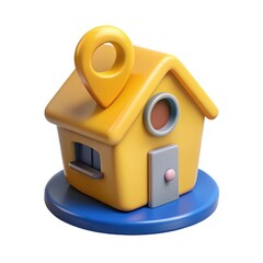 3d cartoon yellow house with a location pin on the roof isolated on white background