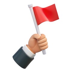 Cartoon hand in suit holding a red flag isolated on white background