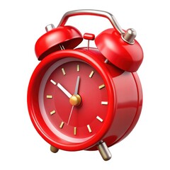 Bright red retro alarm clock with two bells isolated on white background