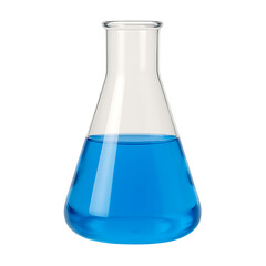 Laboratory glass flask with blue liquid isolated on transparent background