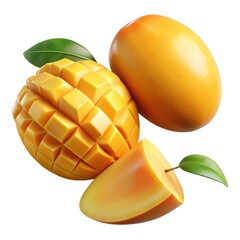 Fresh ripe mango fruit cubed and sliced with green leaves isolated on white background