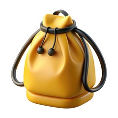 Yellow drawstring pouch with black straps isolated on white background