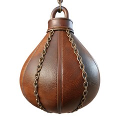 Vintage leather speed bag with metal chains isolated on white background