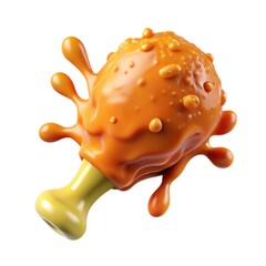 Stylized fried chicken drumstick with orange glaze and splatter isolated on white background