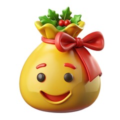 Smiling yellow gift bag with holly and red bow isolated on white background