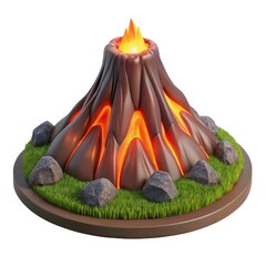 Stylized cartoon volcano with glowing lava and rocks isolated on white background