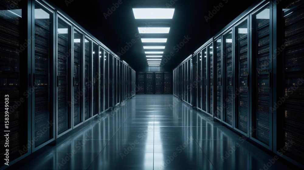 Poster data center server racks corridor technology infrastructure network hosting digital cyber security