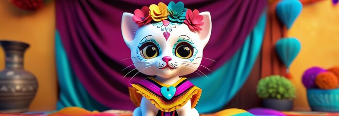 Kitten in Mexican Dress: "A kitten with big eyes, dressed in traditional Mexican dress with bright colors, poses in front of a colorful Mexican market, with a joyful atmosphere.