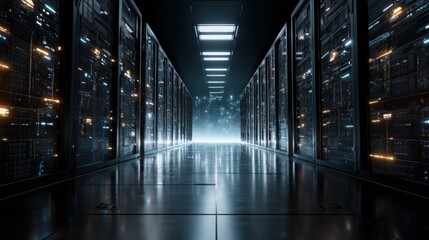 Futuristic server room corridor data center technology digital storage network infrastructure