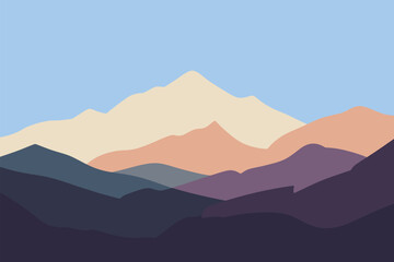Serene mountain range art in muted tones presents a calming vista with layered peaks beneath a bright sky.