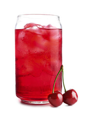 Tasty cherry soda water with ice cubes and berries isolated on white