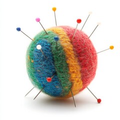 Pins in wool ball on white.