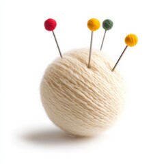 Wool ball with pins, isolated.