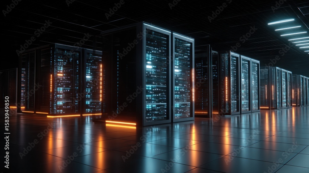 Poster illuminated server racks in modern data center technology and network concept