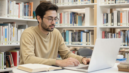 Man in quiet library working on laptop, resume. Books, papers clutter desk, coffee cup nearby. Student sits in study environment, surrounded by library resources. Intellectual pursuits, career