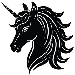 Obraz premium unicorn head in side profile, featuring a long spiral horn, flowing mane, and graceful facial features, minimalist vector illustration isolated on white background