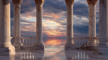 Fototapeta premium Serene ocean sunset view from marble colonnade architecture