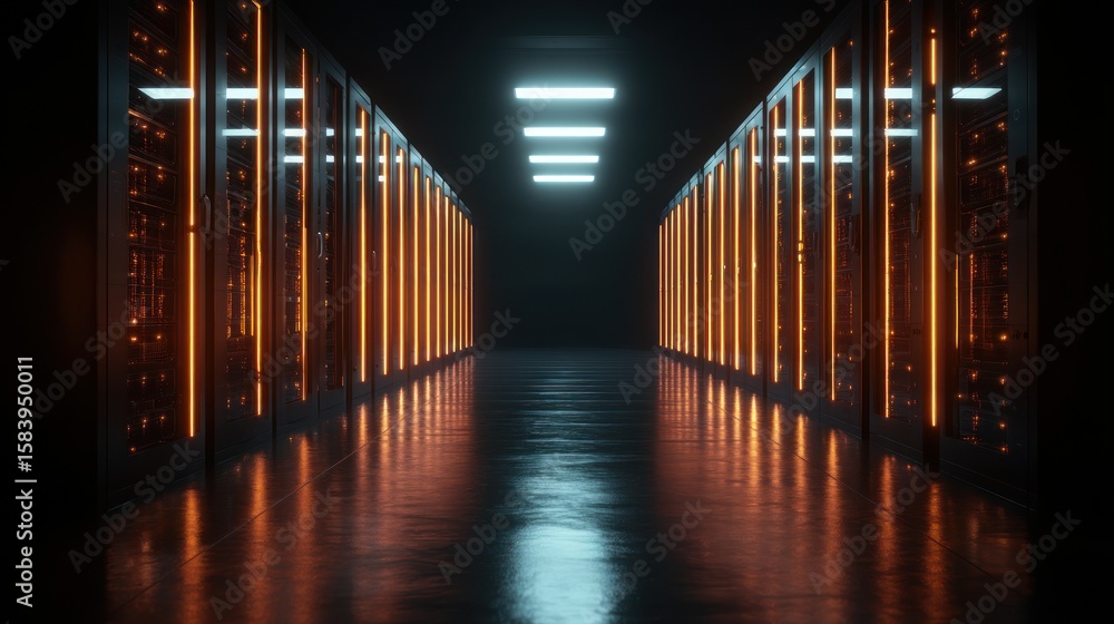 Poster futuristic server room with neon lights technology data center network digital internet cyber securi