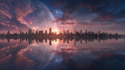 Obraz premium Surreal cityscape reflection with giant planet and sunset colors