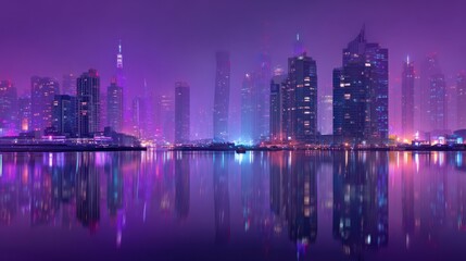 Fototapeta premium Purple cityscape at night skyscrapers reflection on water