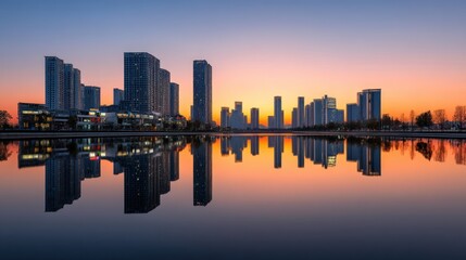 Fototapeta premium Stunning cityscape reflection at sunset modern architecture urban skyline panorama