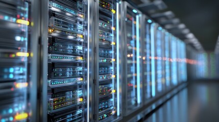 Glowing server racks in modern data center technology and data storage concept
