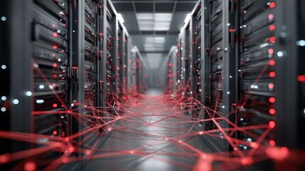 Glowing network connections in modern server room
