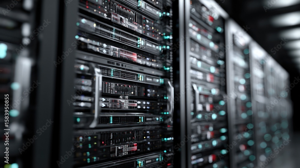 Poster data center server racks high tech network and storage technology