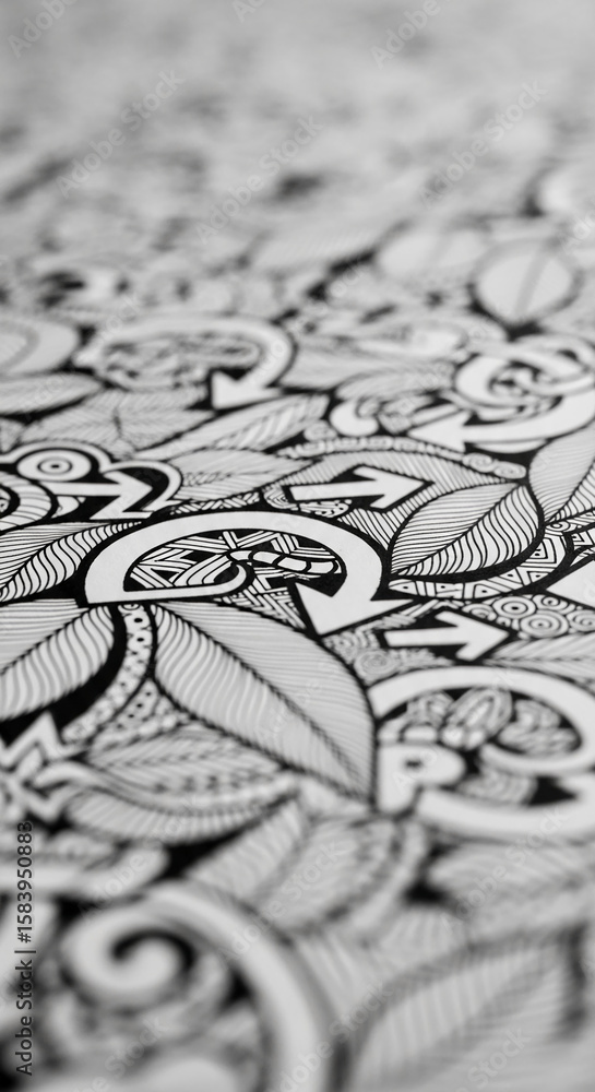 Poster close-up of intricate black-and-white doodle pattern, featuring leaves and abstract shapes, creating