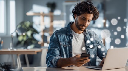 The man using a smartphone and laptop in a modern workspace.