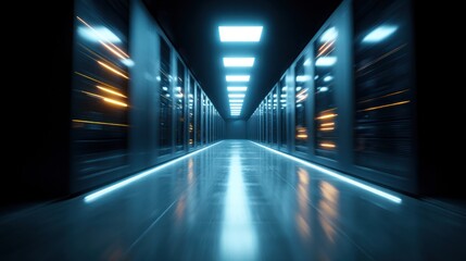 Futuristic server room corridor with neon lights high tech data center interior