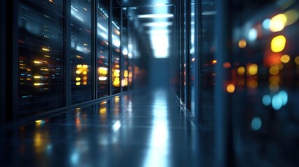 Illuminated server racks in modern data center corridor